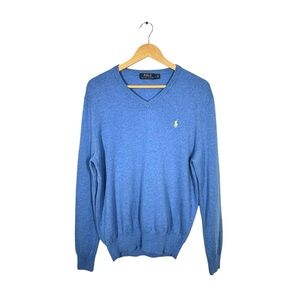 Polo Ralph Lauren Sweater Mens L Blue Italian Merino Wool V Neck Pony Preppy